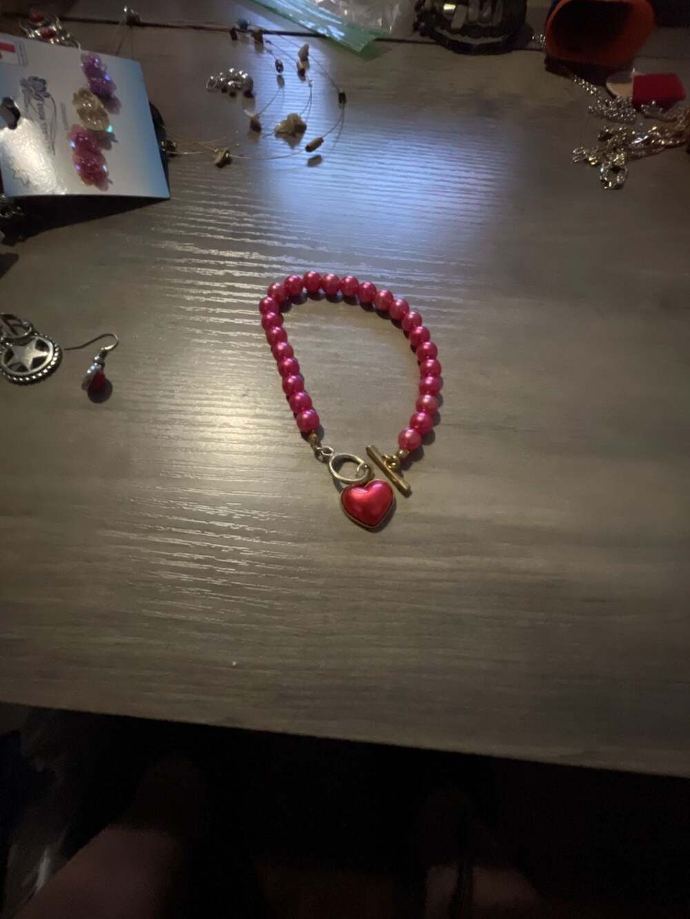 Pink Pearl Heart Charm Bracelet With Toggle Clasp